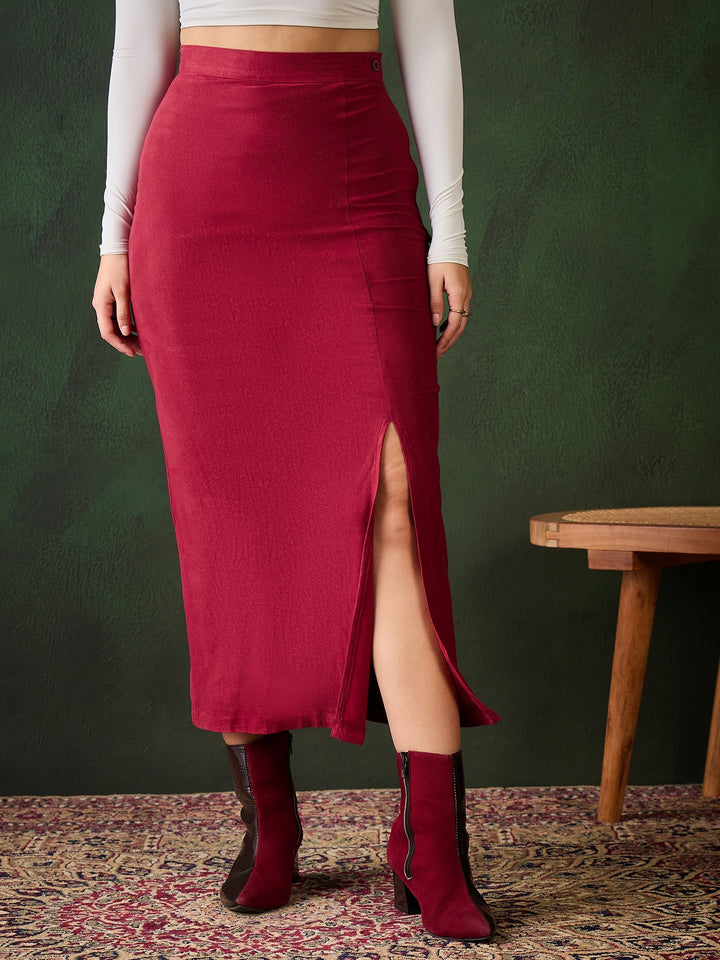 Maroon-Cotton-Suede-Skirt-With-Side-Slit