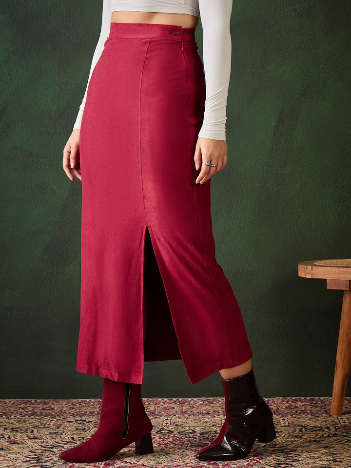 Maroon-Cotton-Suede-Skirt-With-Side-Slit