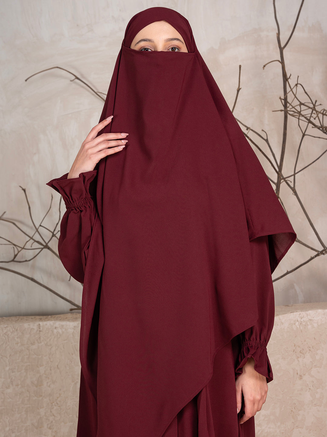 Maroon Crushed Fabric Abaya With Khimar