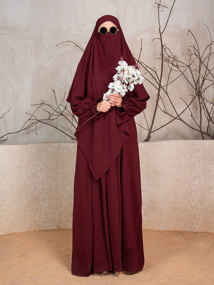 Maroon Crushed Fabric Abaya With Khimar