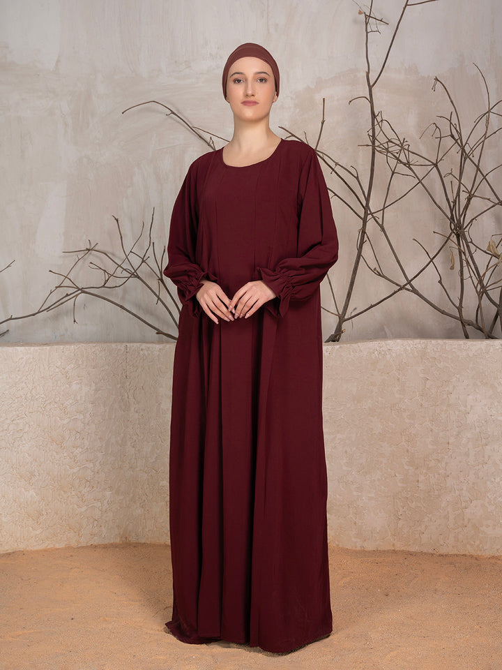 Maroon Crushed Fabric Abaya With Khimar