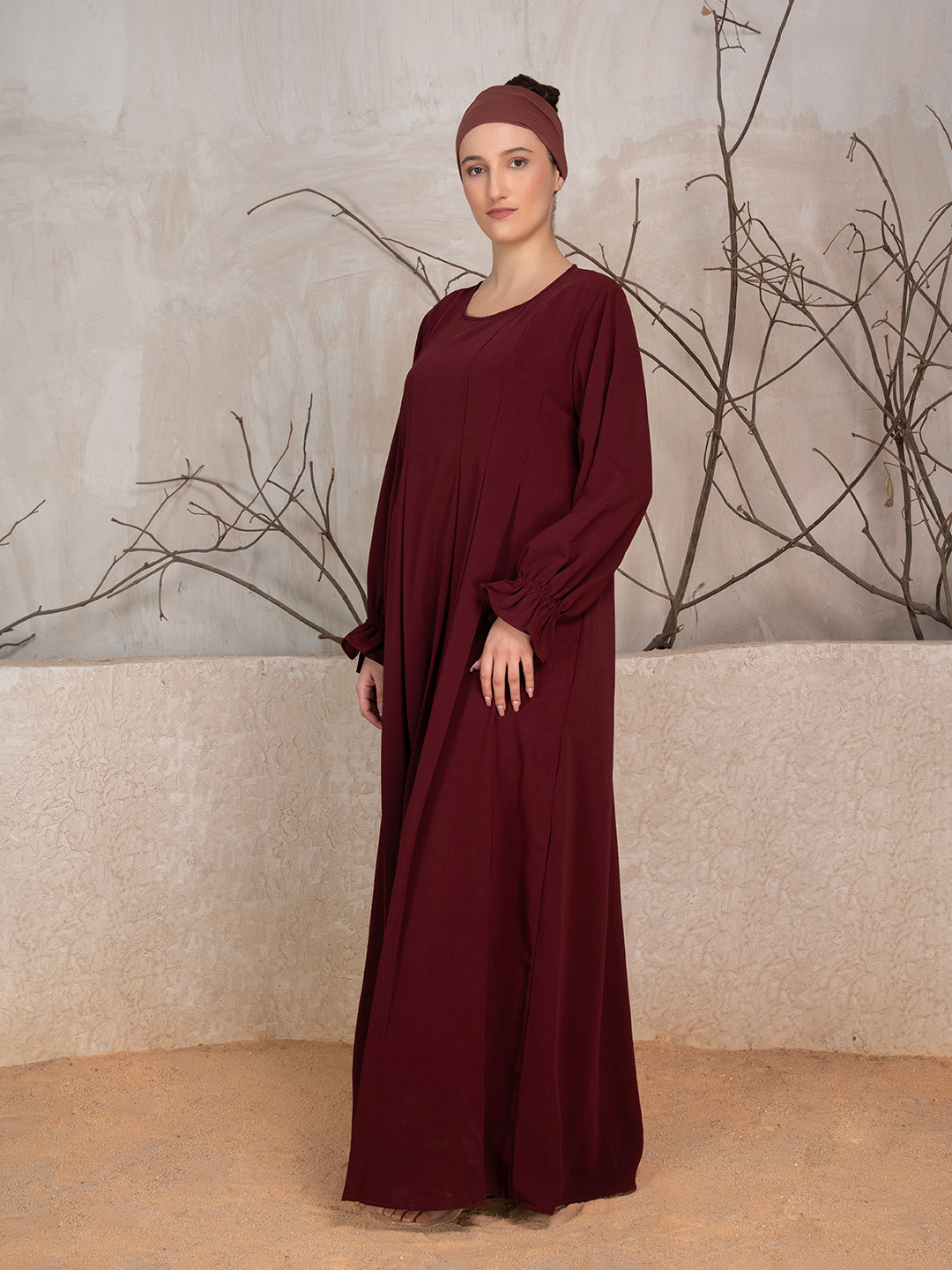 Maroon Crushed Fabric Abaya With Khimar