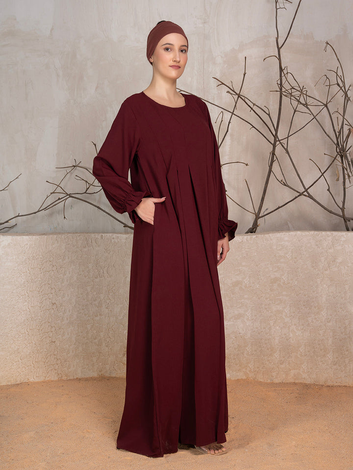 Maroon Crushed Fabric Abaya With Khimar