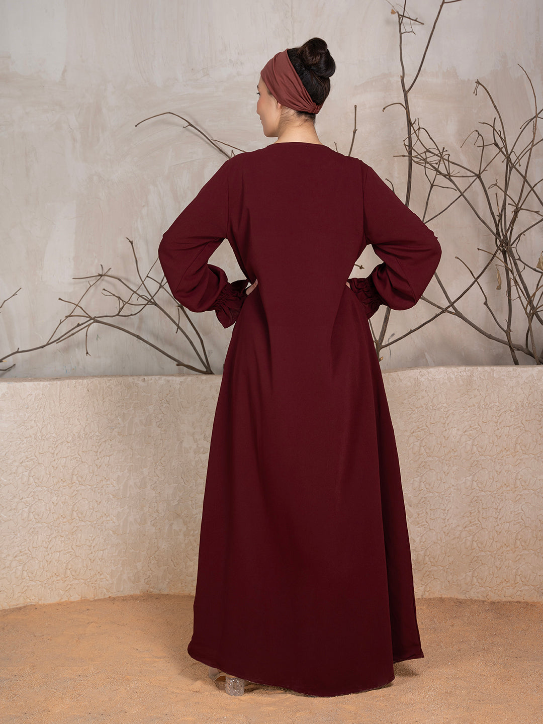 Maroon Crushed Fabric Abaya With Khimar