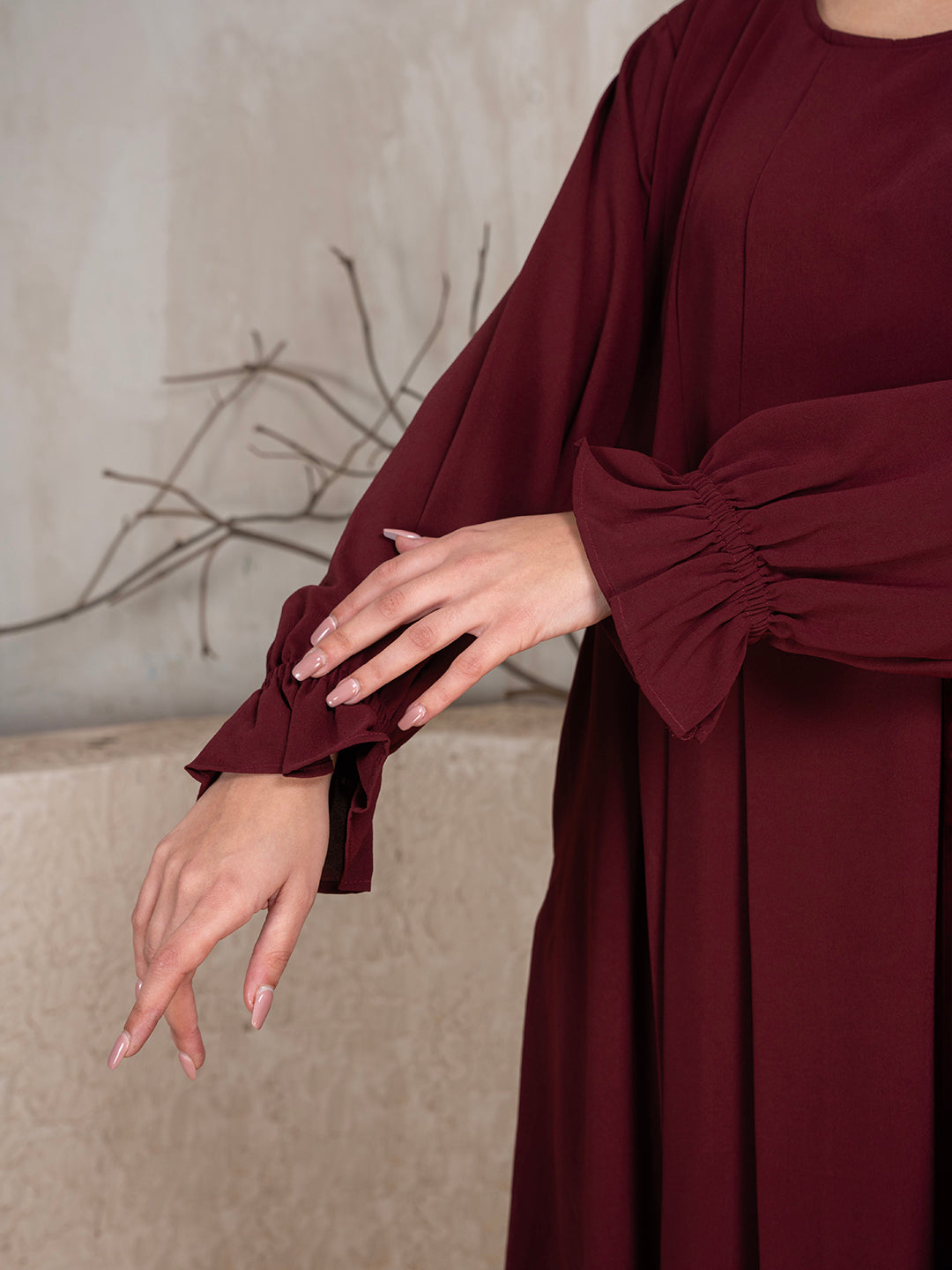 Maroon Crushed Fabric Abaya With Khimar