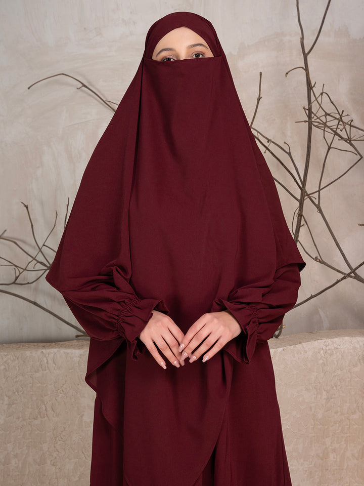 Maroon Crushed Fabric Abaya With Khimar