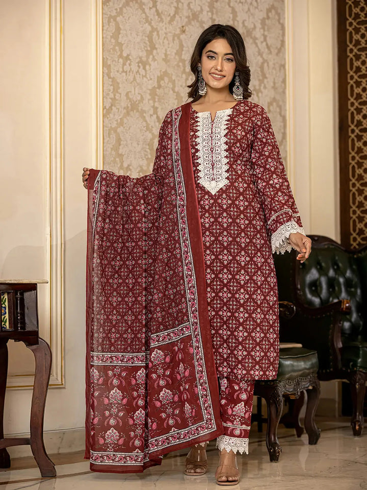 Maroon-Cotton-Floral-Print-3-Piece-Kurta-Set