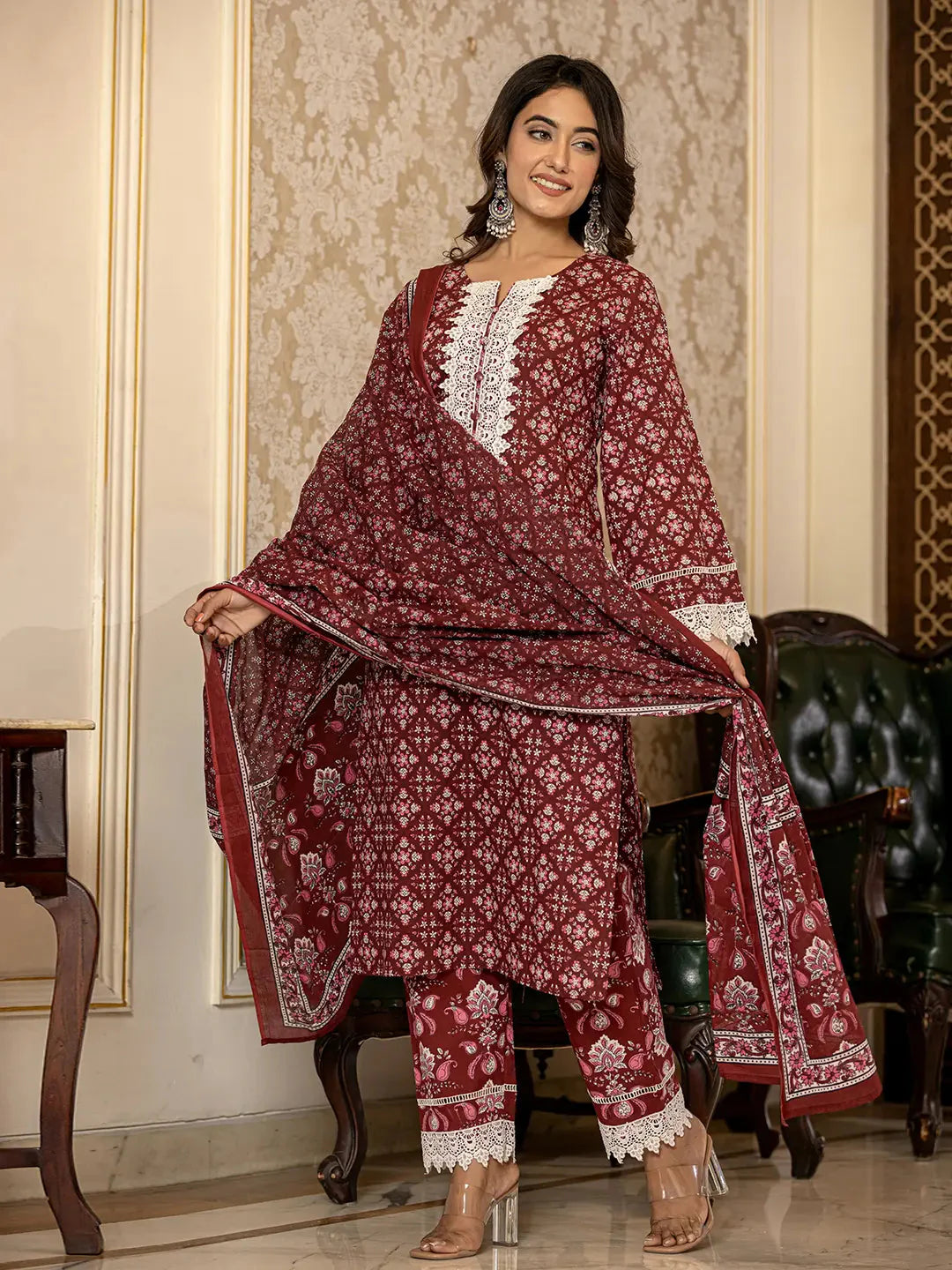 Maroon-Cotton-Floral-Print-3-Piece-Kurta-Set