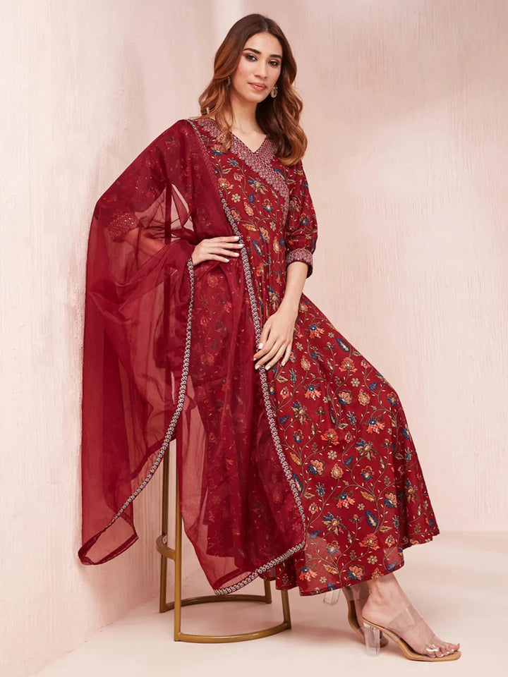 Maroon-Voile-Floral-Print-Zari-Work-Anarkali-Set