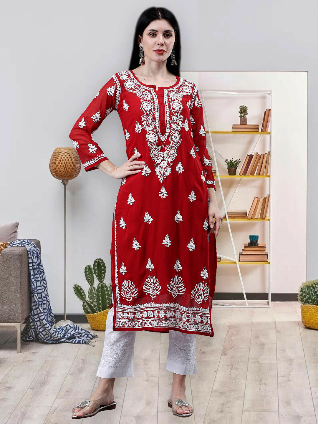 Maroon-Georgette-Embroidered-Chikankari-Kurti-With-Slip