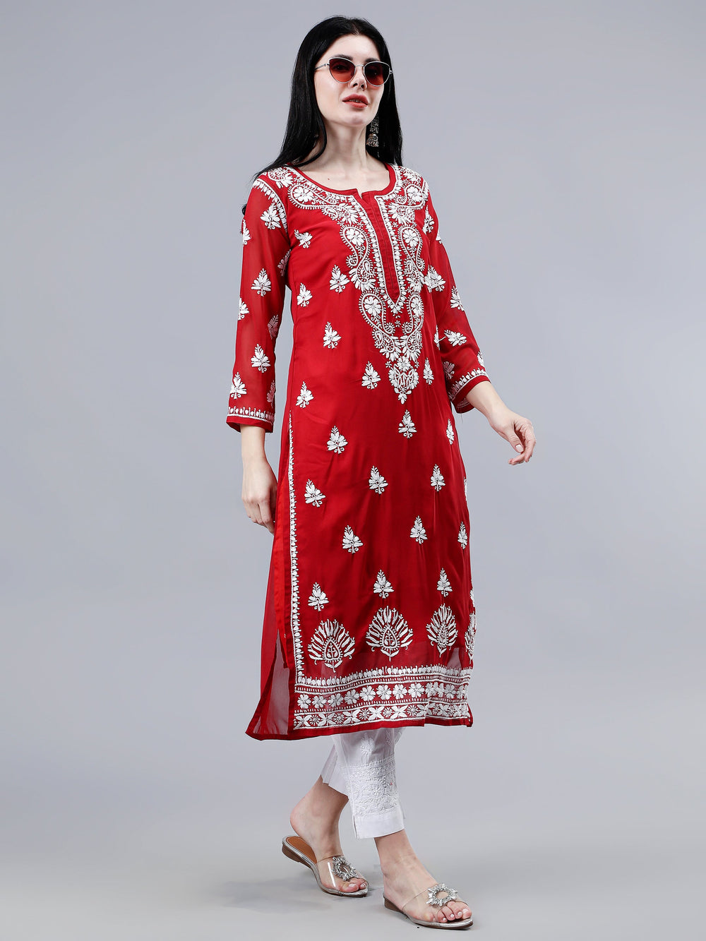 Maroon-Georgette-Embroidered-Chikankari-Kurti-With-Slip