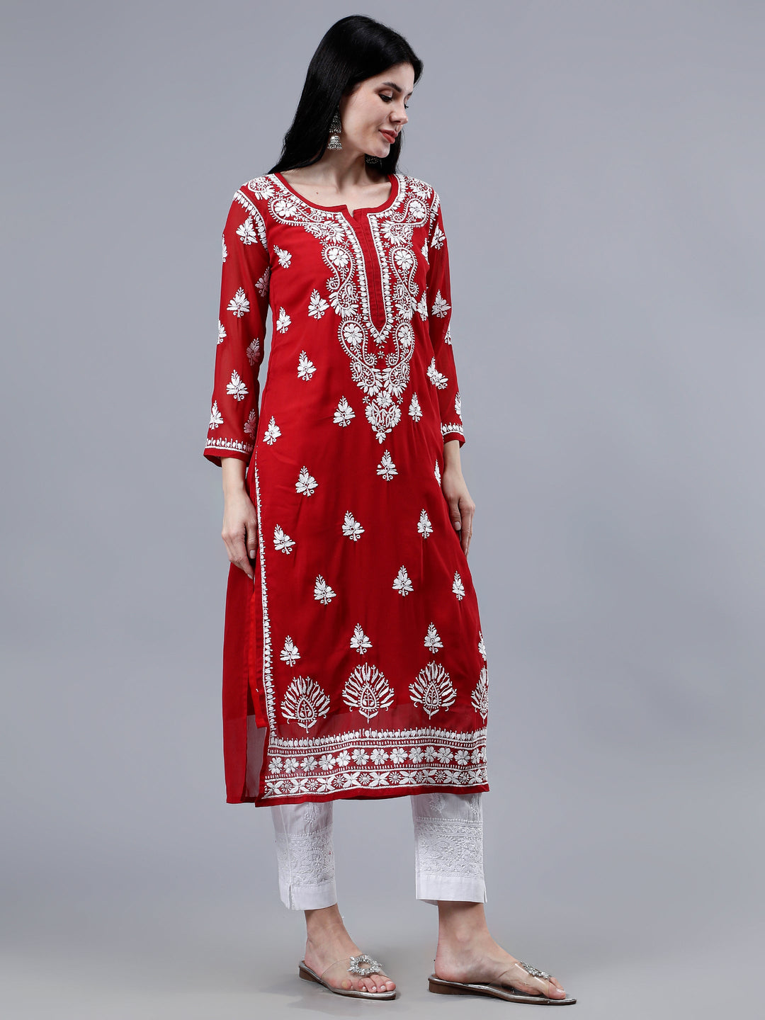 Maroon-Georgette-Embroidered-Chikankari-Kurti-With-Slip