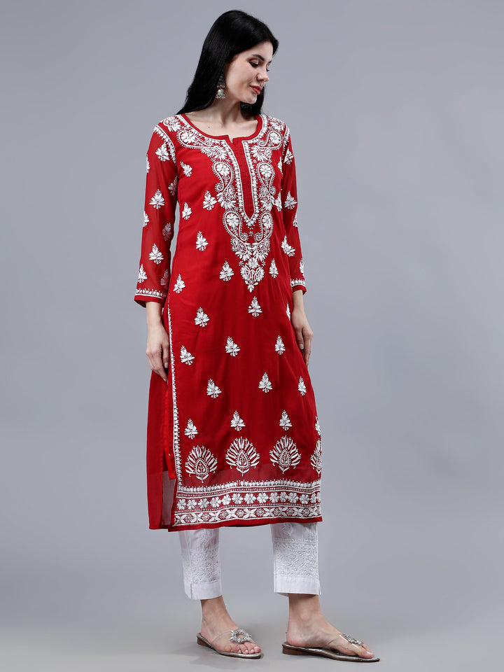 Maroon-Georgette-Embroidered-Chikankari-Kurti-With-Slip