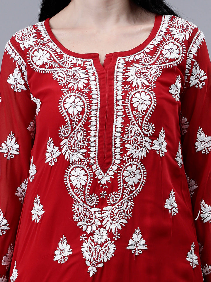 Maroon-Georgette-Embroidered-Chikankari-Kurti-With-Slip