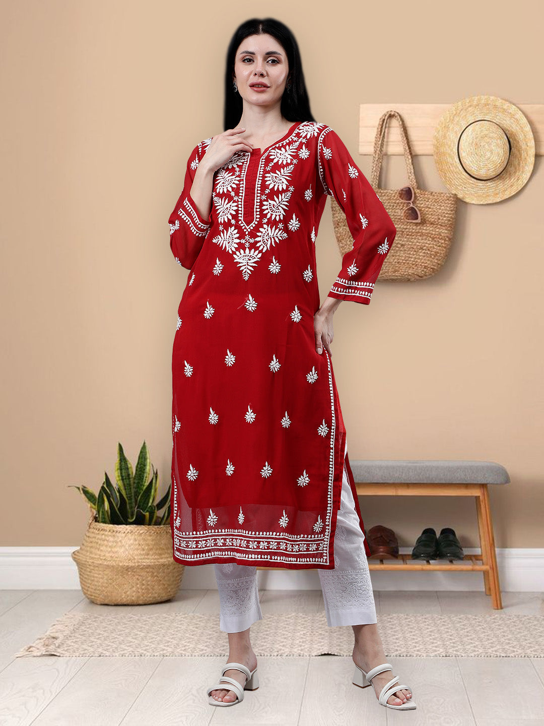 Maroon-Georgette-Embroidery-Chikankari-Kurti-With-Slip