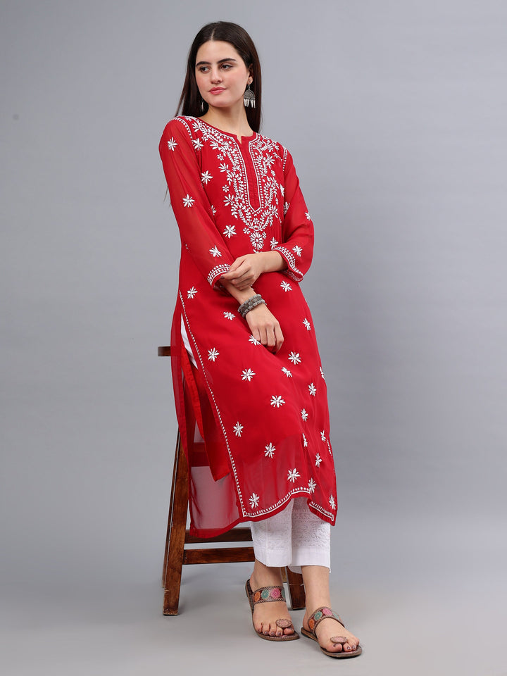 Maroon-Georgette-Hand-Embroidered-Chikankari-Kurti-With-Slip