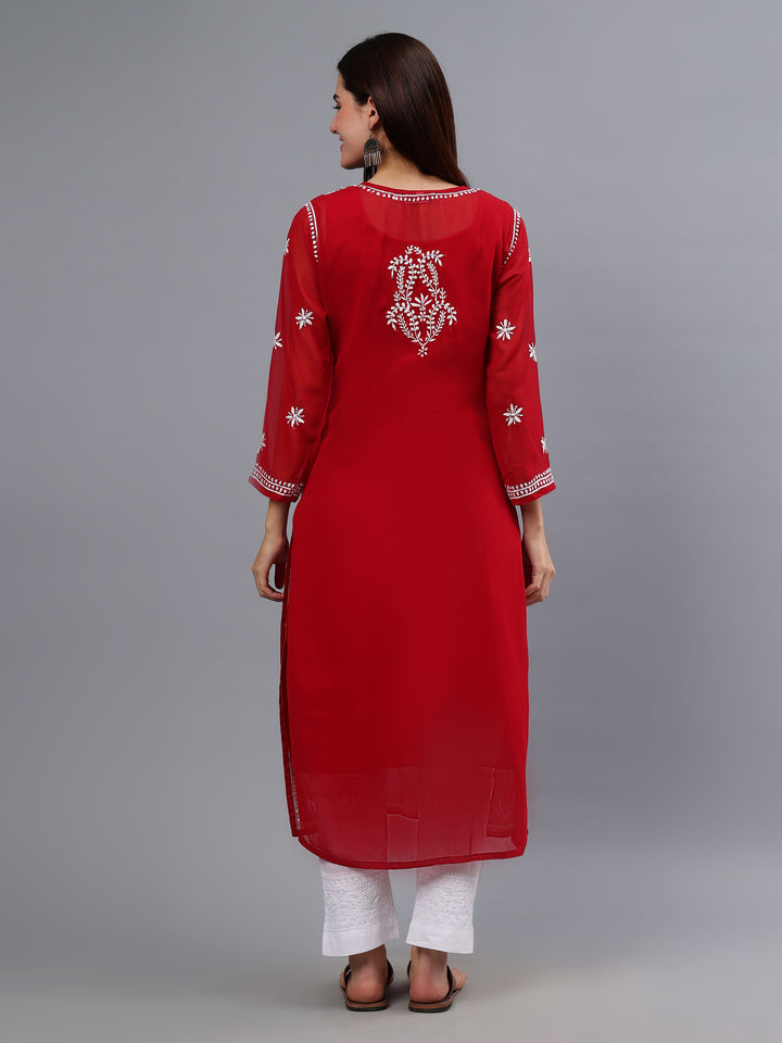 Maroon Georgette Hand Embroidered Chikankari Kurti With Slip