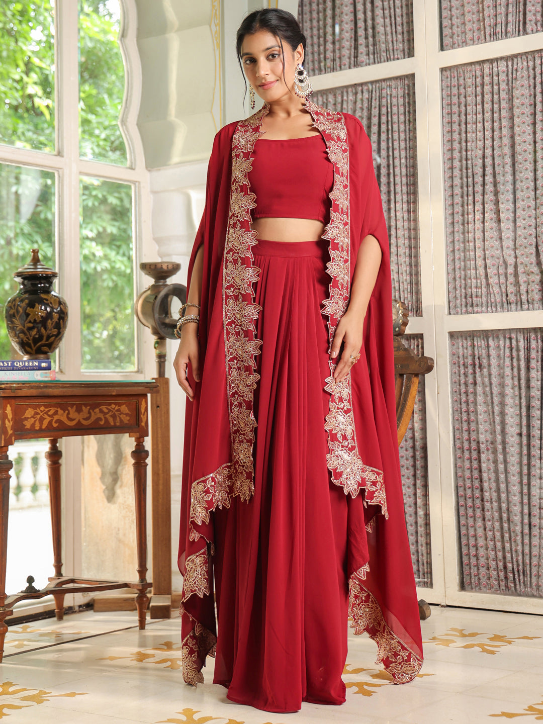 ZERESOUQ-Maroon-Georgette-Solid-Sleeveless-Lehenga-Set