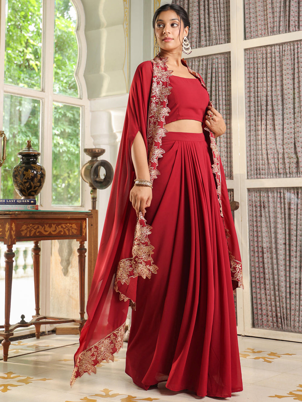 ZERESOUQ-Maroon-Georgette-Solid-Sleeveless-Lehenga-Set