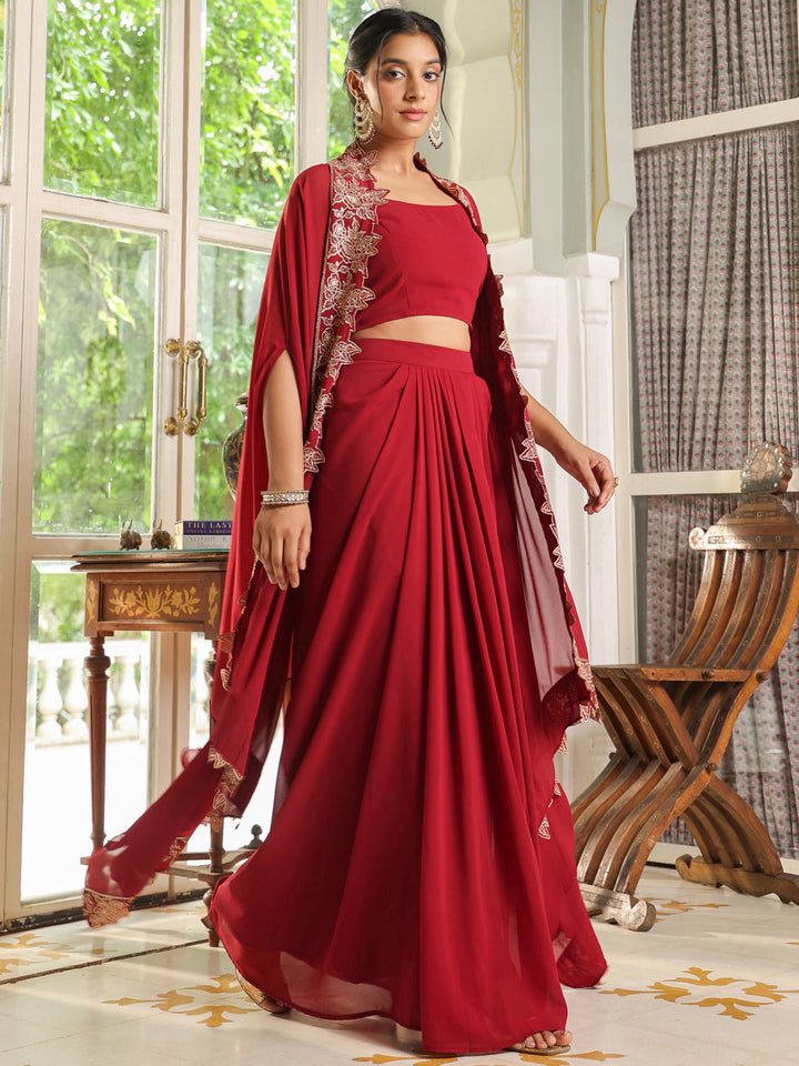 Maroon-Georgette-Solid-Sleeveless-Lehenga-Set