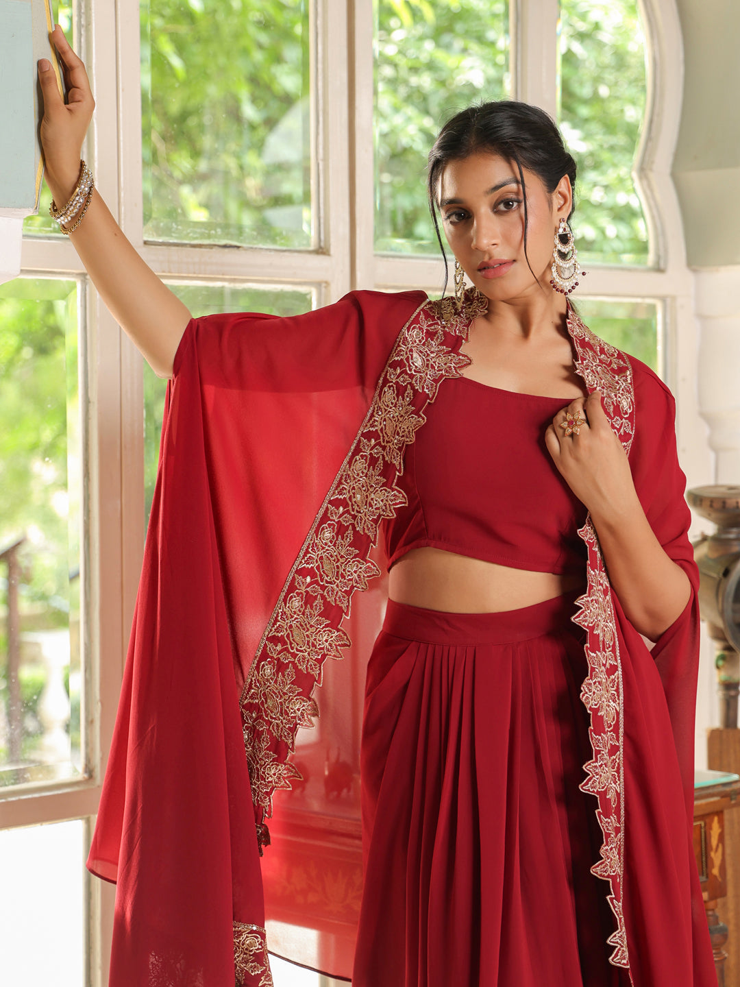 Maroon-Georgette-Solid-Sleeveless-Lehenga-Set