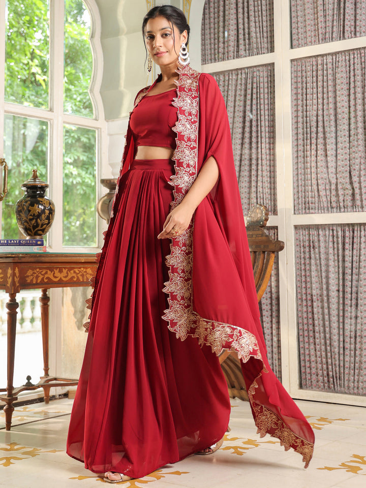 Maroon-Georgette-Solid-Sleeveless-Lehenga-Set