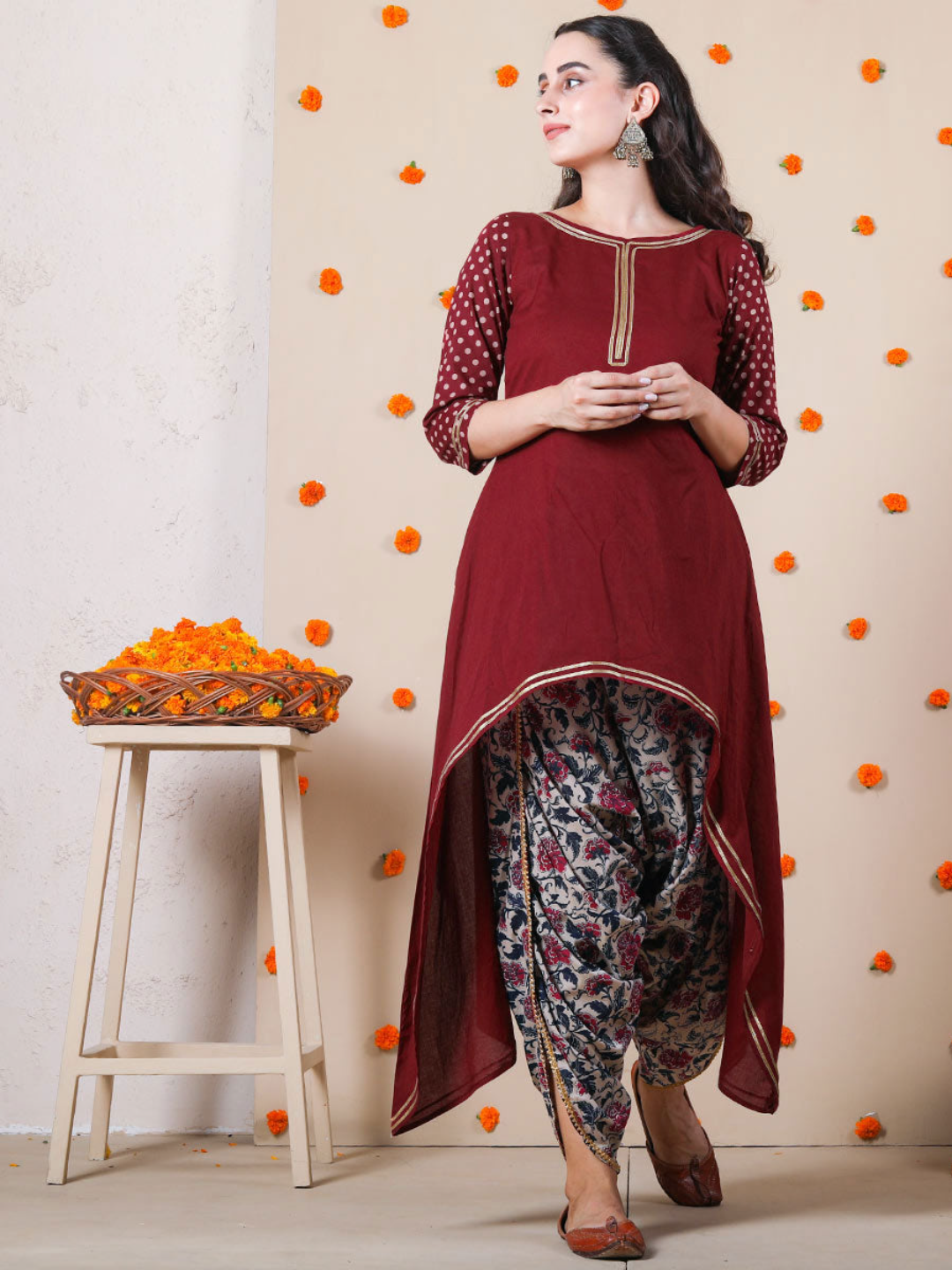 Maroon Polka Asymmetric Kurta & Dhoti Set