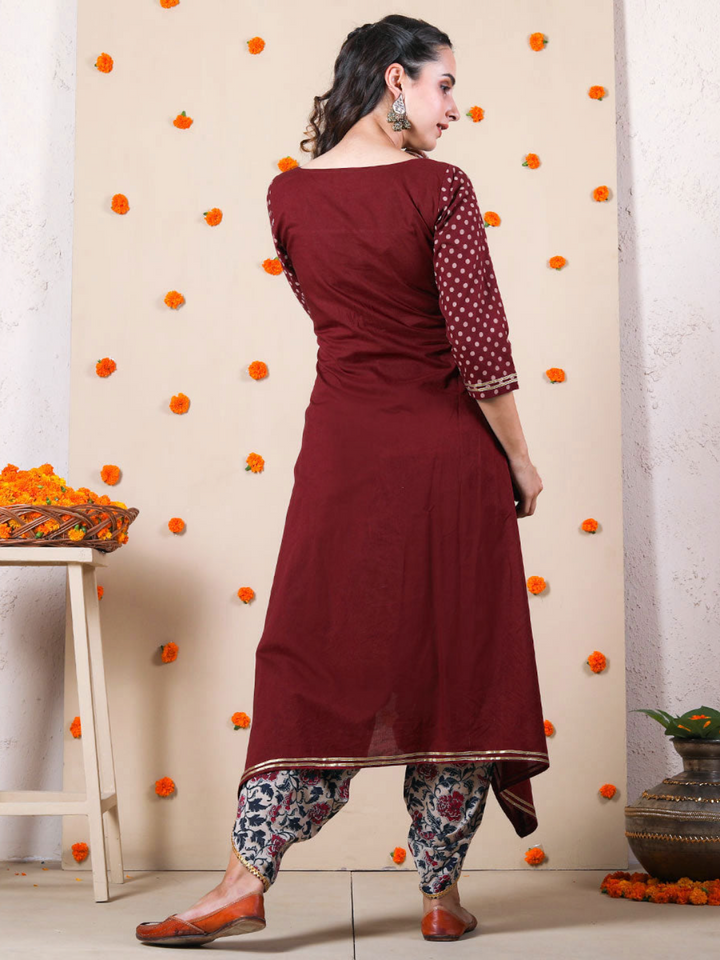 Maroon Polka Asymmetric Kurta & Dhoti Set