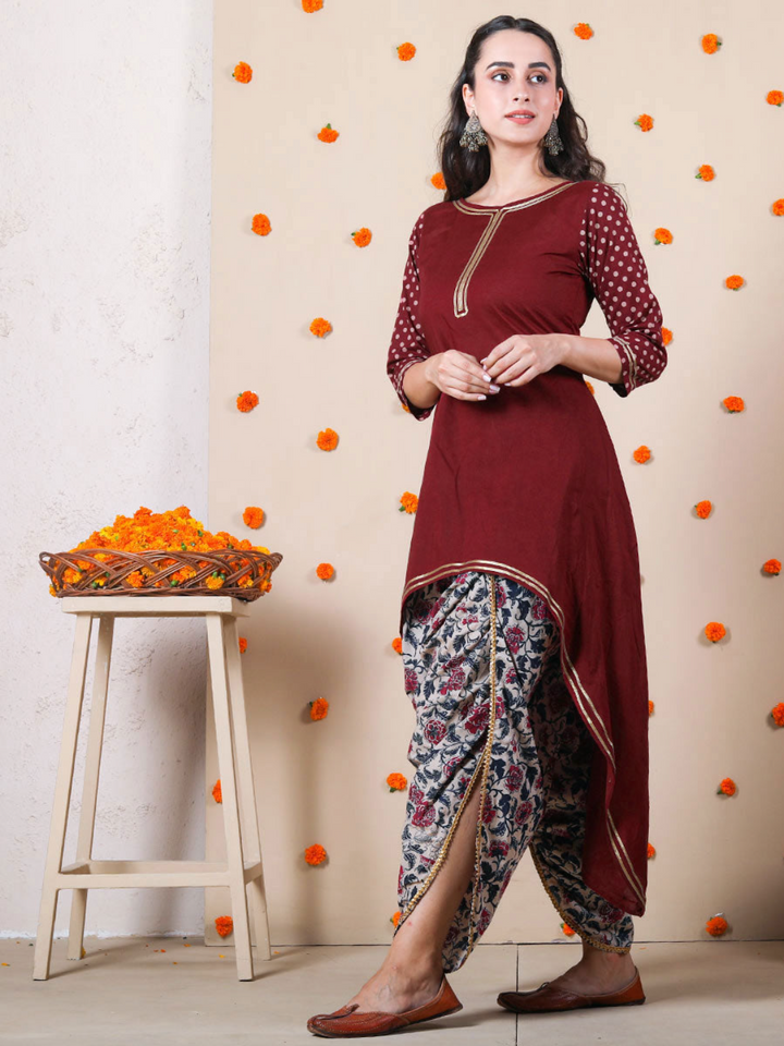 Maroon Polka Asymmetric Kurta & Dhoti Set