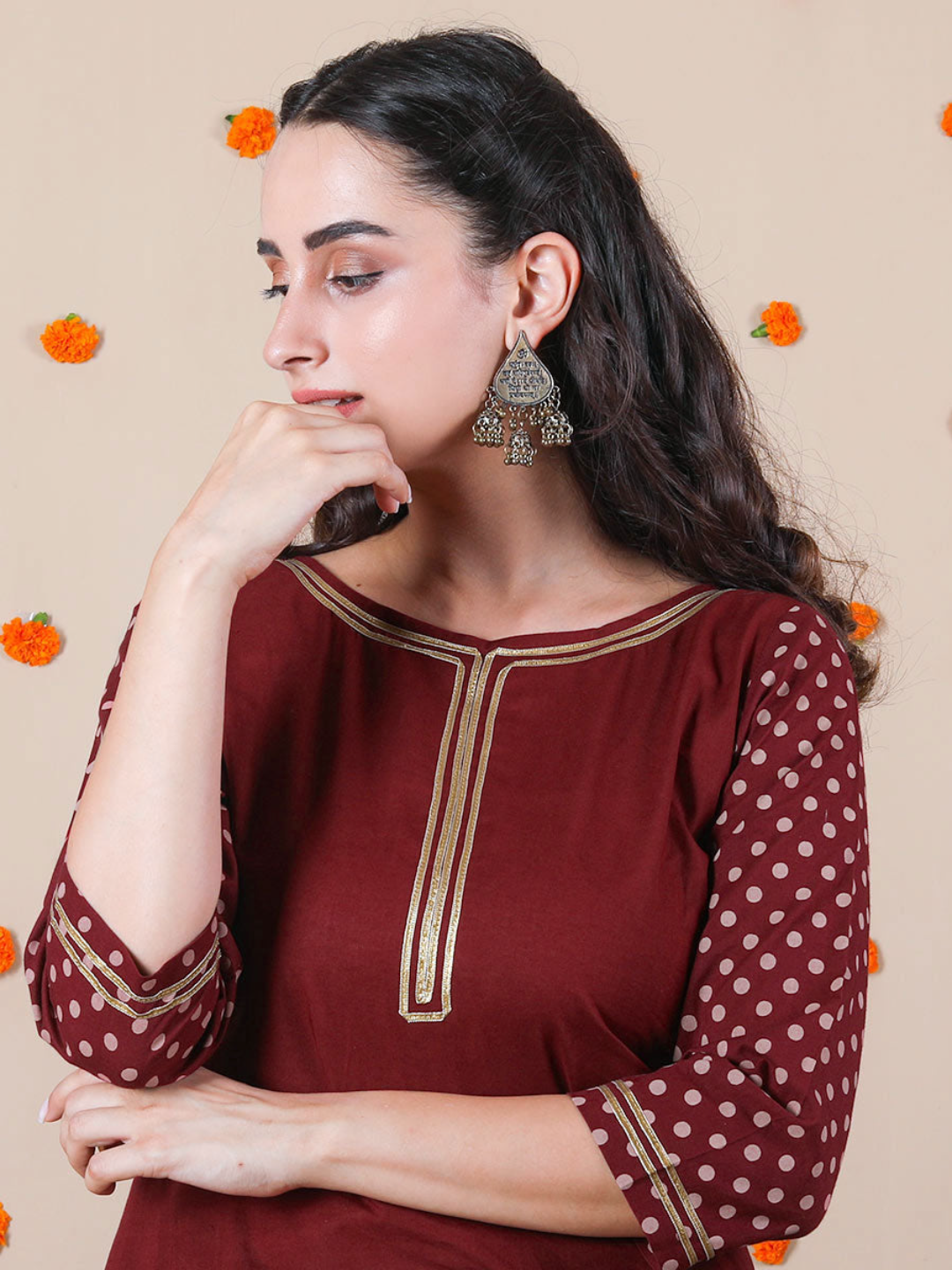 Maroon Polka Asymmetric Kurta & Dhoti Set