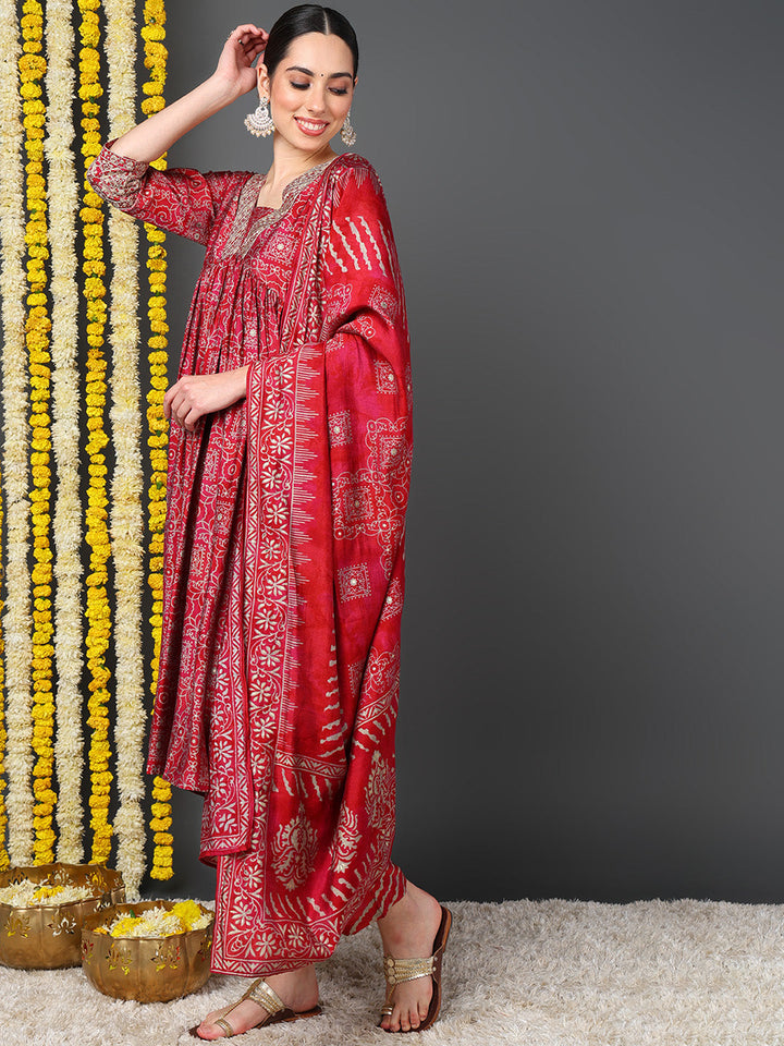 ZERESOUQ-Maroon-Polyester-Ethnic-Motifs-Printed-Flared-Kurta-Trouser-With-Dupatta