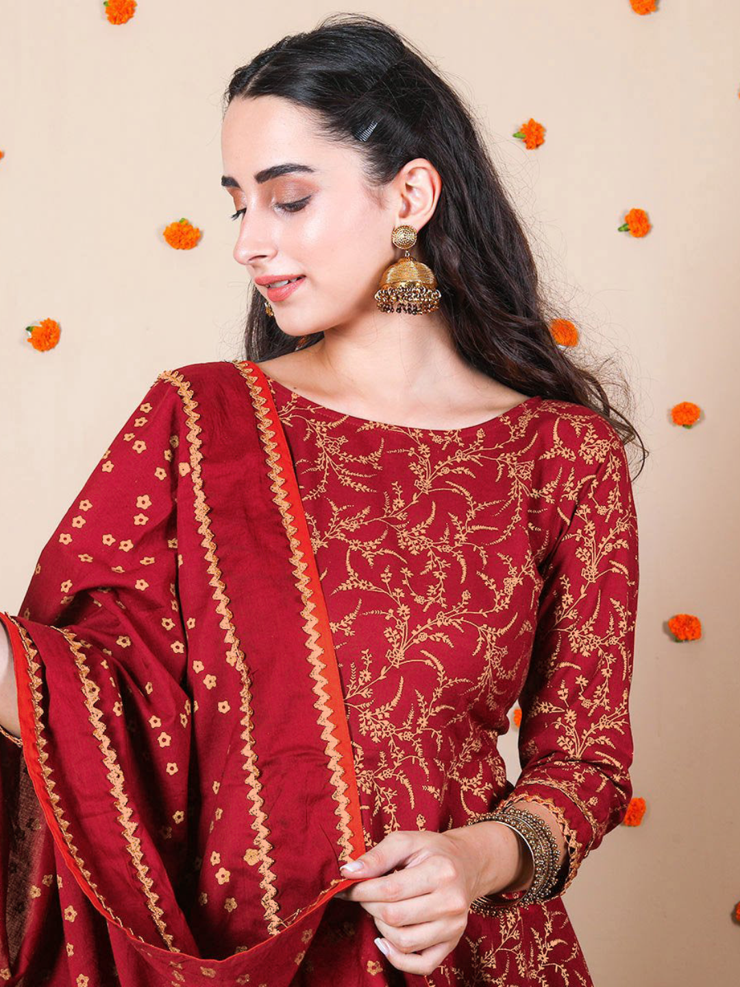 Maroon Printed Kurta Sharara Set With Dupatta