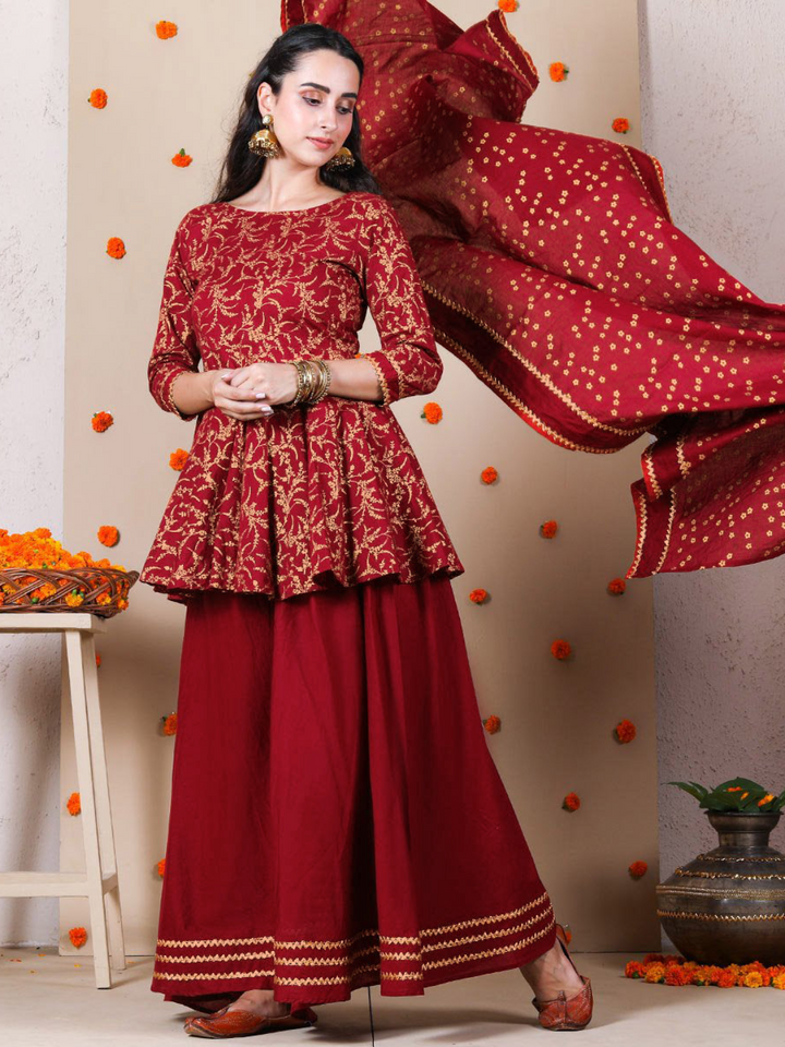 Maroon Printed Kurta Sharara Set With Dupatta