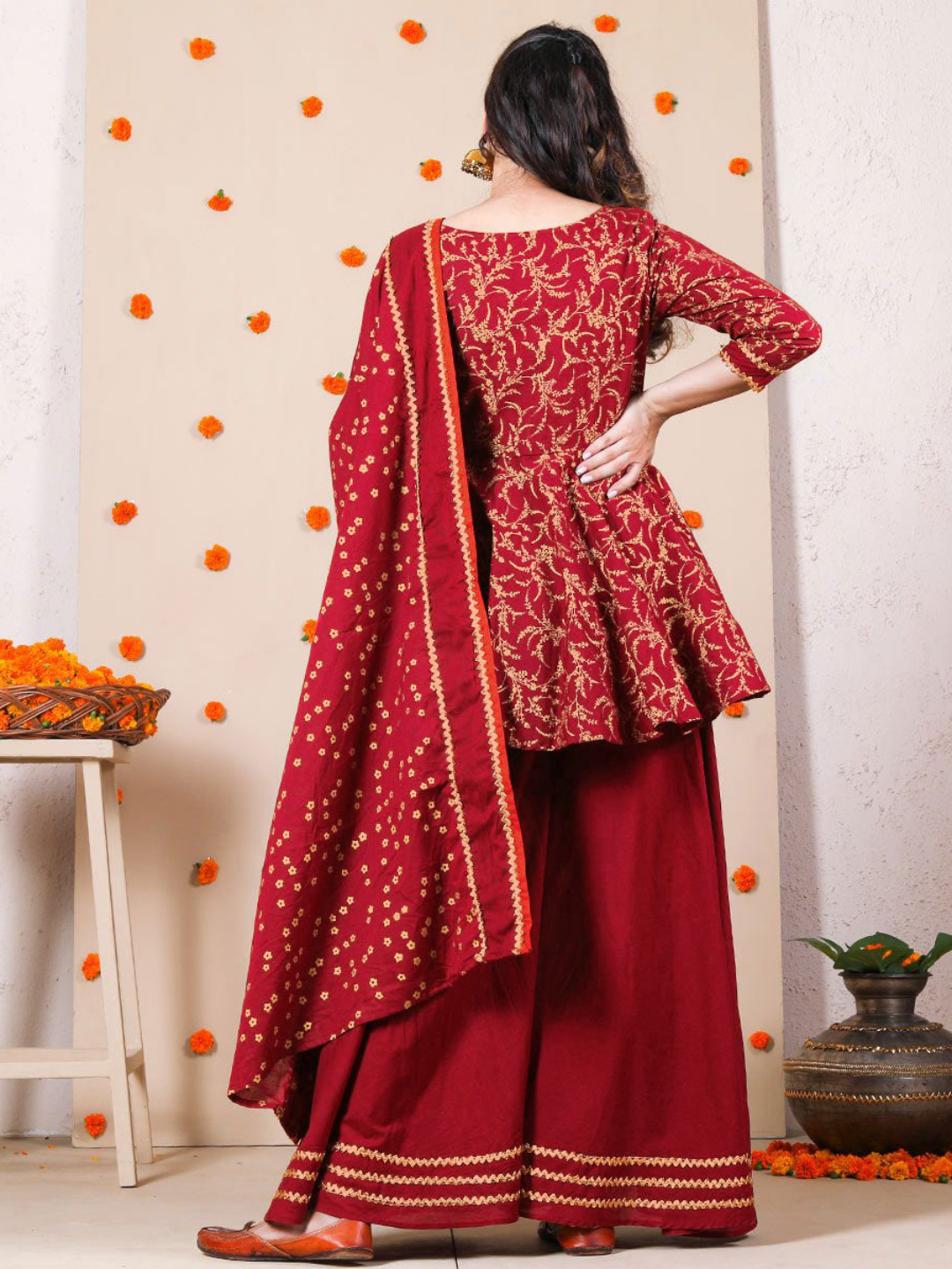 Maroon Printed Kurta Sharara Set With Dupatta