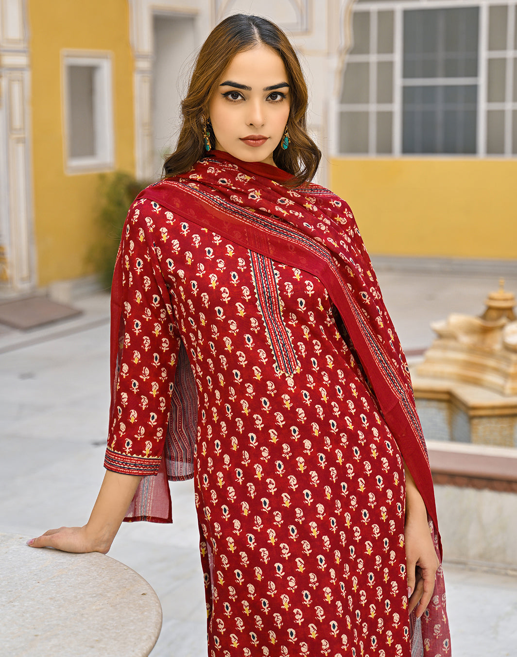 Maroon Rayon Blend Ethnic Motifs Casual Kurta Set