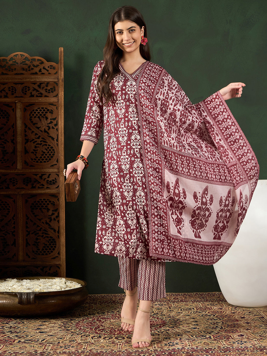 Maroon-Rayon-Blend-Ethnic-Motifs-Printed-3-Piece-Kurta-Set