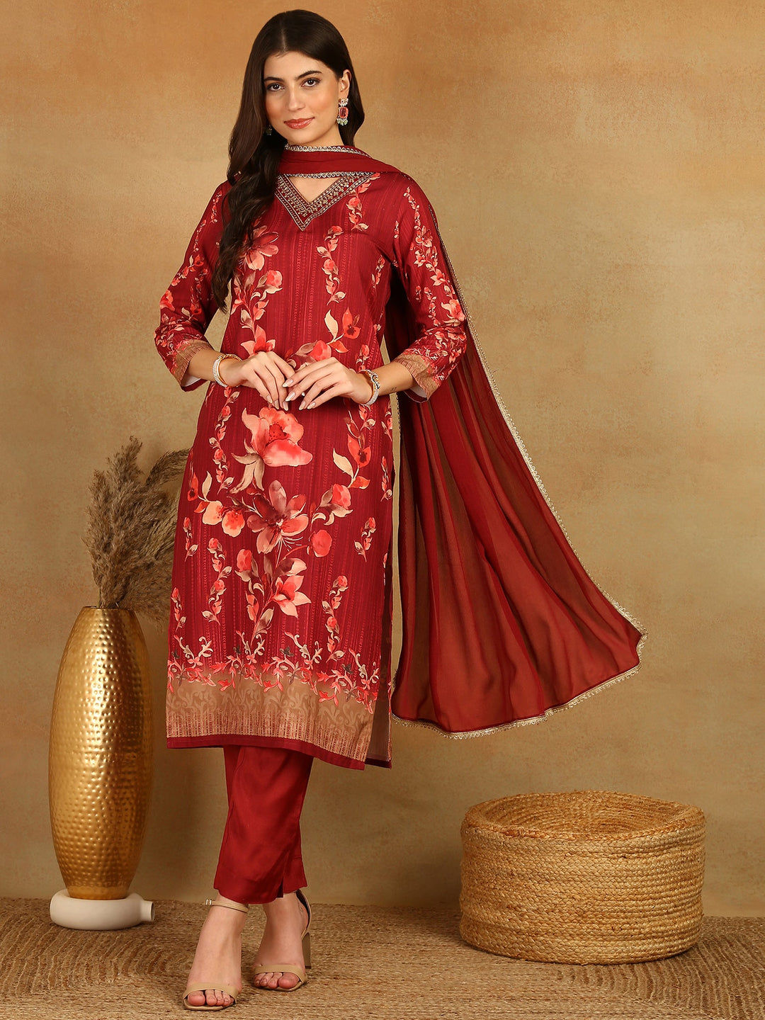 ZERESOUQ-Maroon-Rayon-Blend-Floral-Printed-3-Piece-Kurta-Set