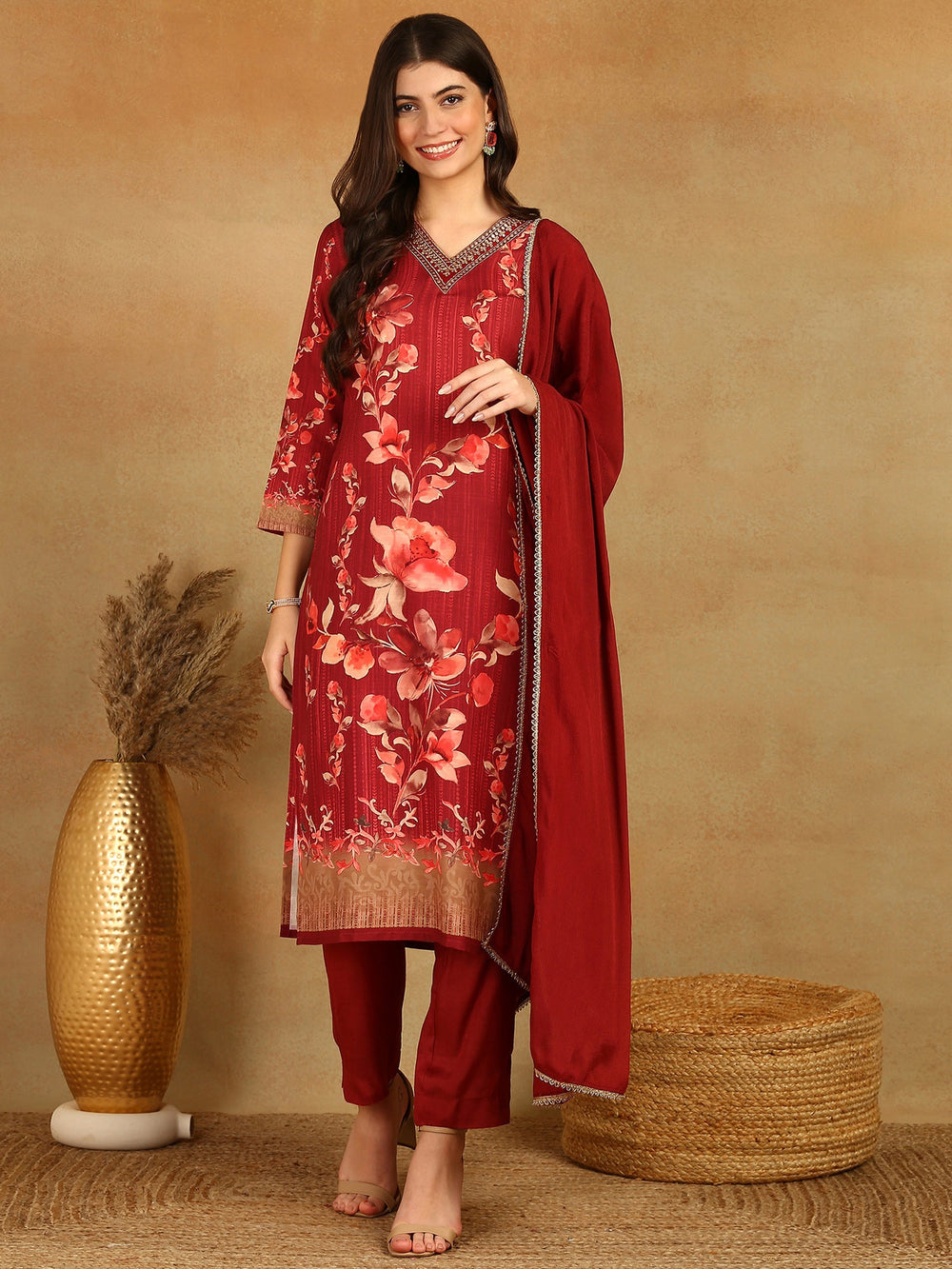 ZERESOUQ-Maroon-Rayon-Blend-Floral-Printed-3-Piece-Kurta-Set