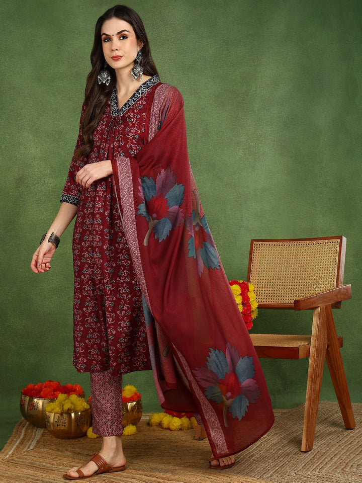 ZERESOUQ-Maroon-Rayon-Blend-Floral-Printed-Straight-3-Piece-Suit-Set