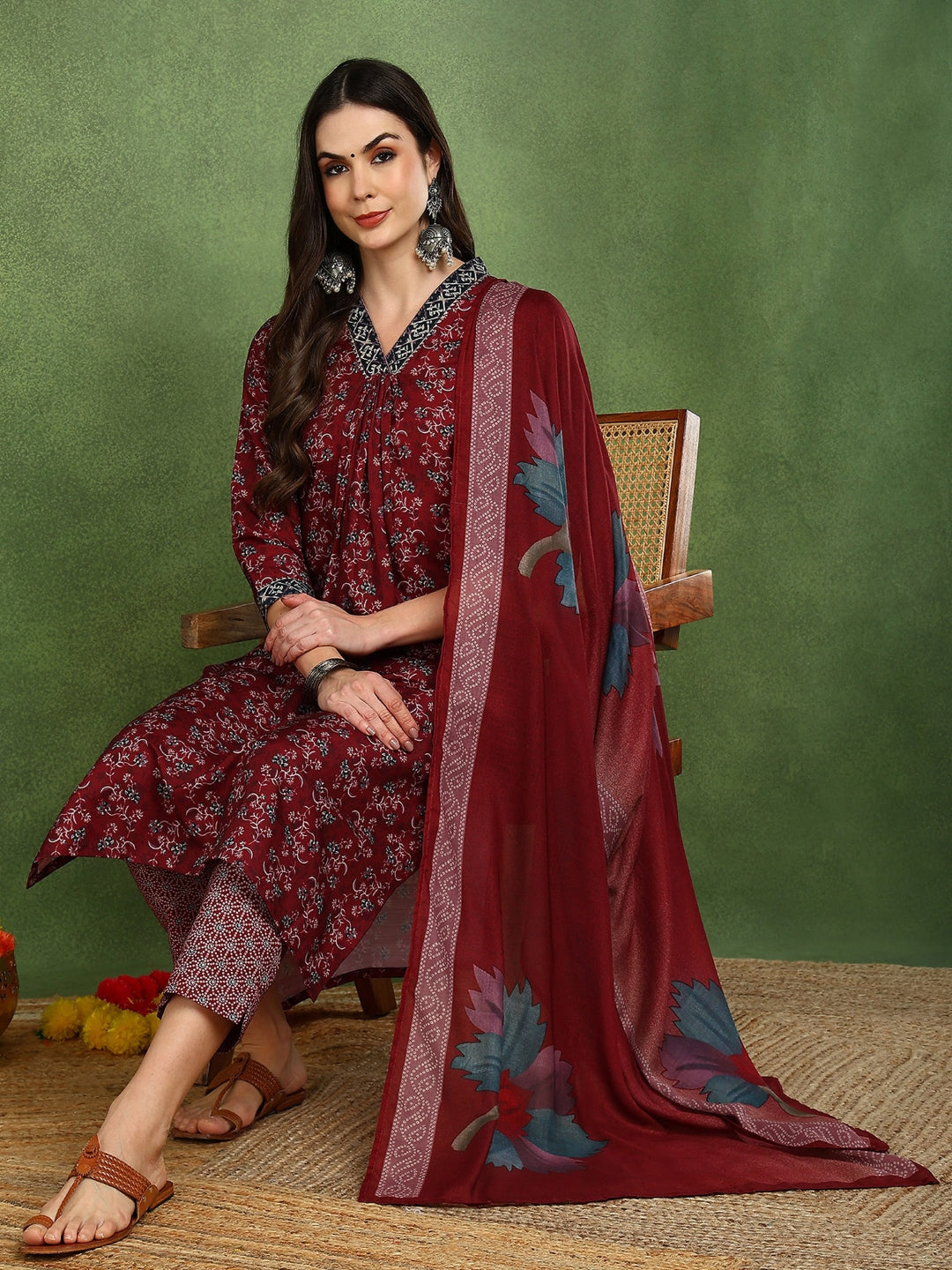 ZERESOUQ-Maroon-Rayon-Blend-Floral-Printed-Straight-3-Piece-Suit-Set