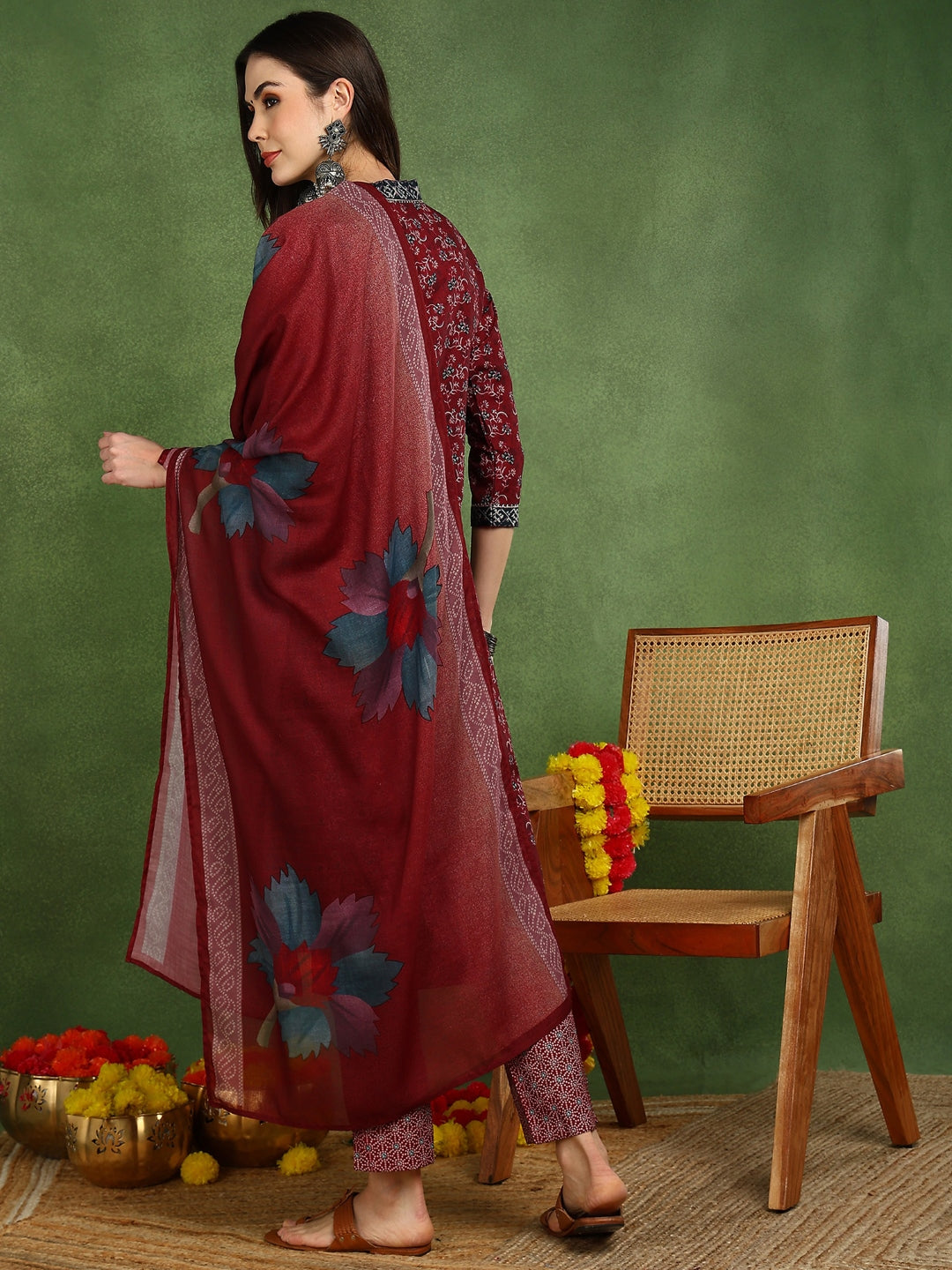 ZERESOUQ-Maroon-Rayon-Blend-Floral-Printed-Straight-3-Piece-Suit-Set