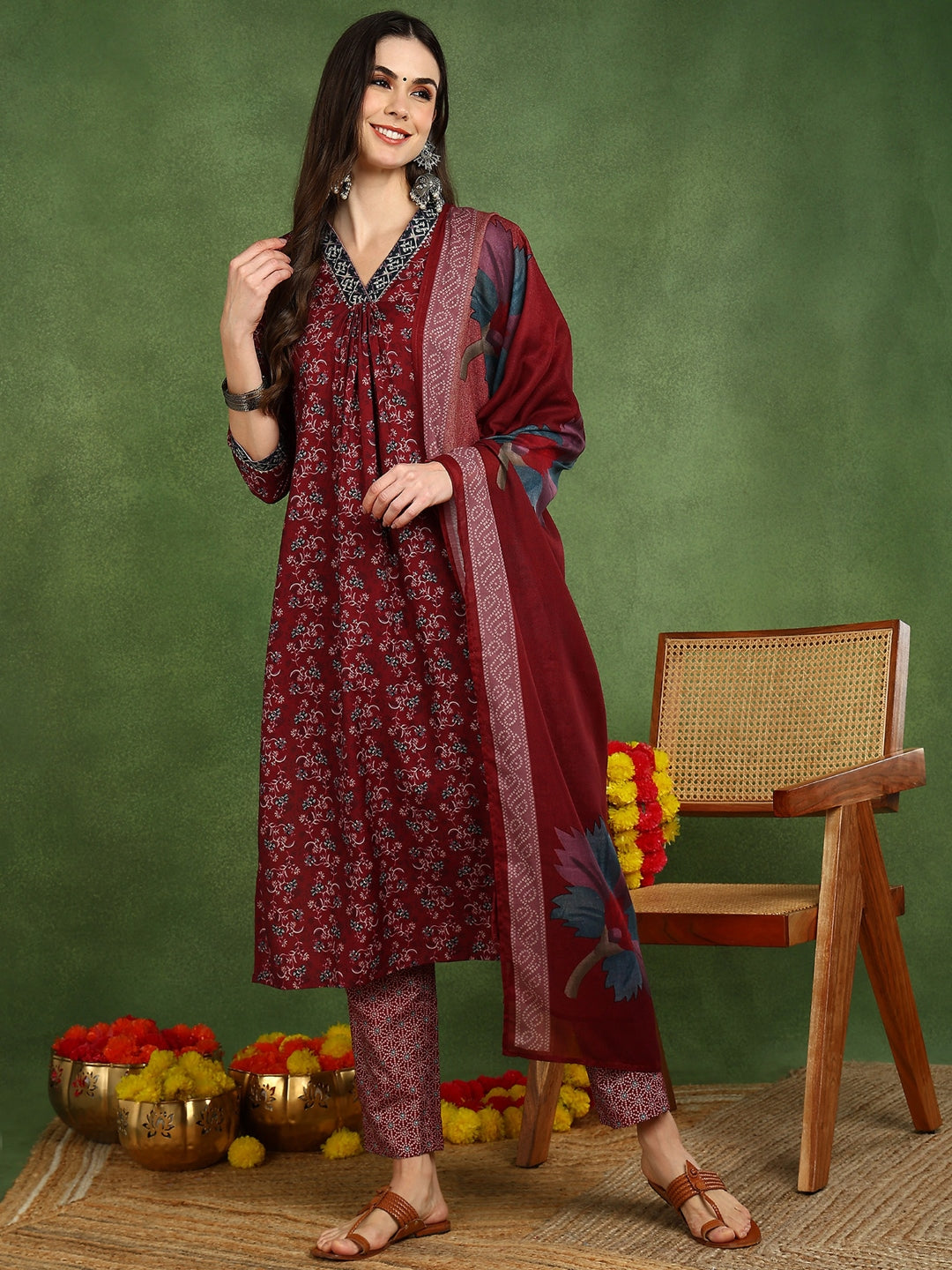 ZERESOUQ-Maroon-Rayon-Blend-Floral-Printed-Straight-3-Piece-Suit-Set