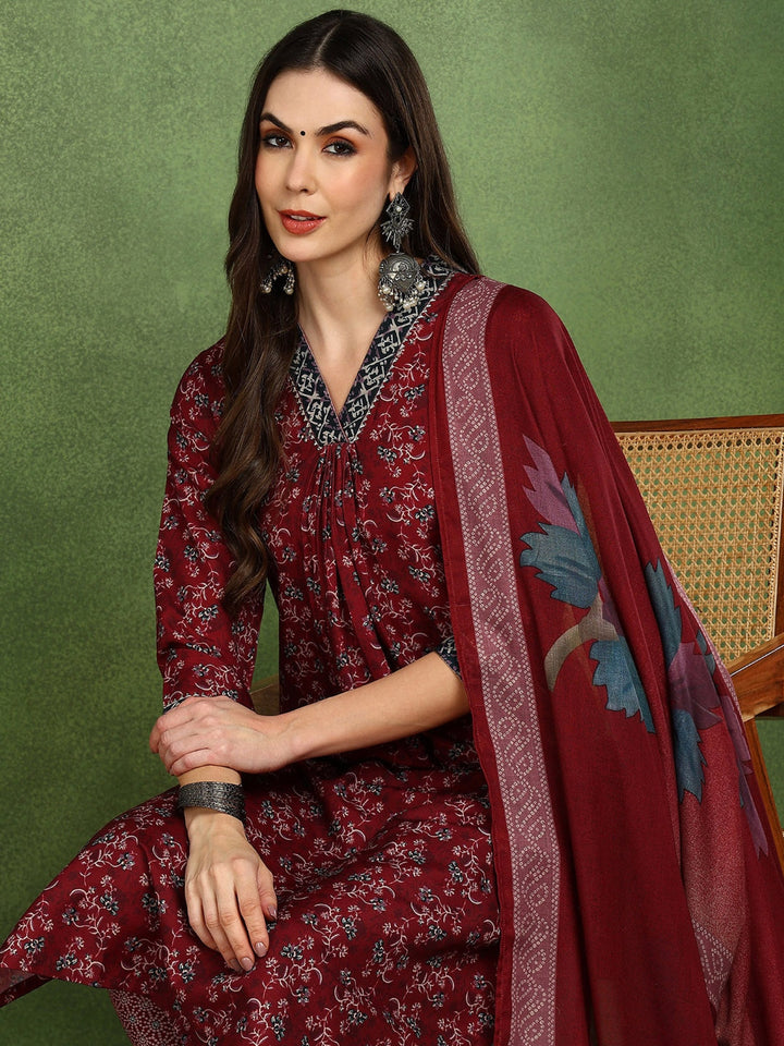 ZERESOUQ-Maroon-Rayon-Blend-Floral-Printed-Straight-3-Piece-Suit-Set