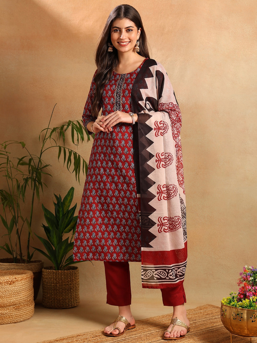 ZERESOUQ-Maroon-Rayon-Ethnic-Motifs-Printed-3-Piece-Kurta-Set