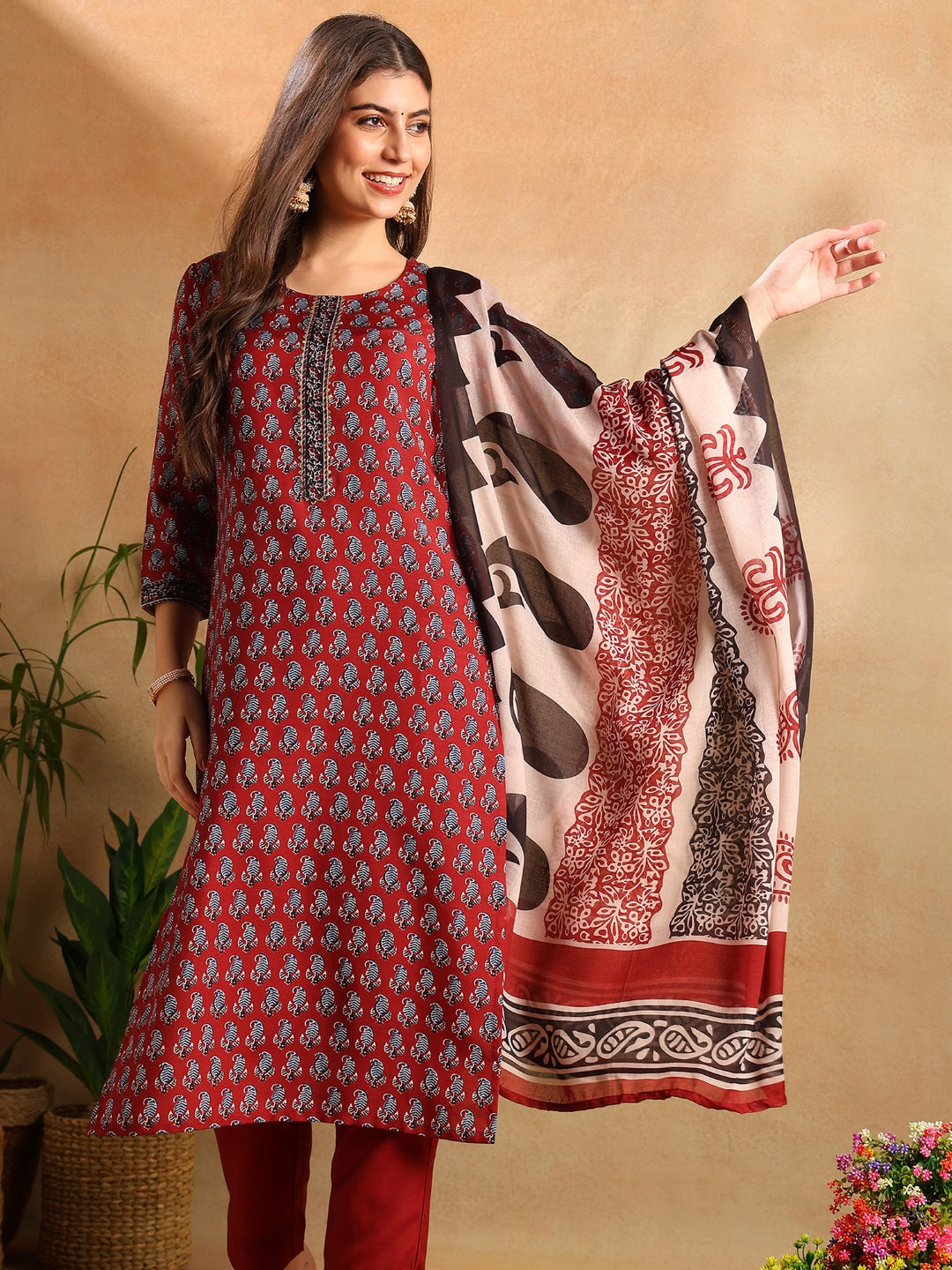 ZERESOUQ-Maroon-Rayon-Ethnic-Motifs-Printed-3-Piece-Kurta-Set