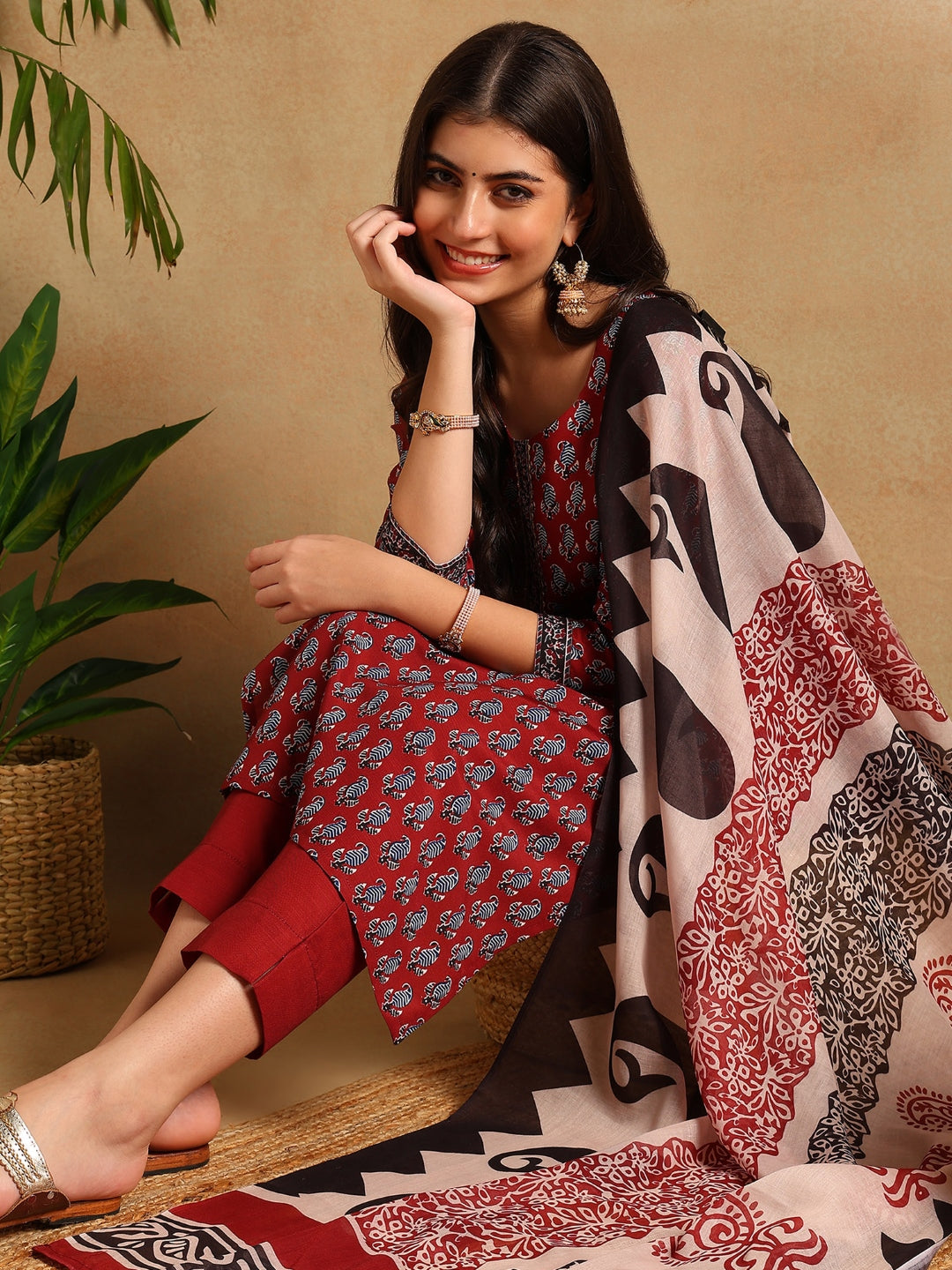 ZERESOUQ-Maroon-Rayon-Ethnic-Motifs-Printed-3-Piece-Kurta-Set