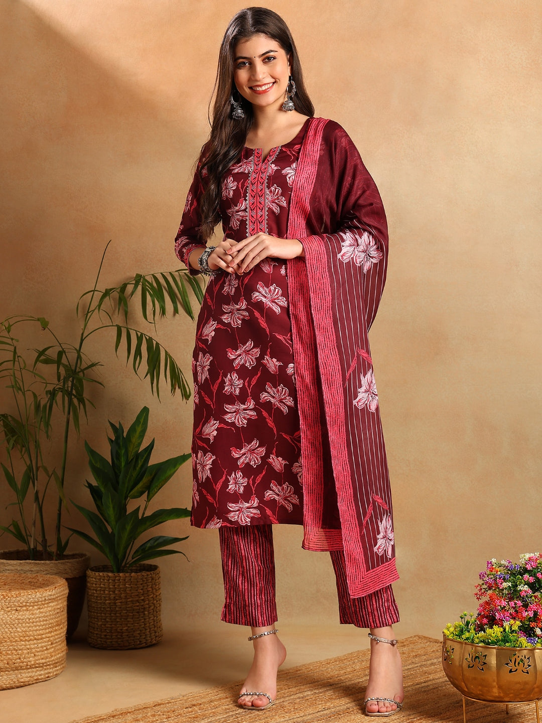 ZERESOUQ-Maroon-Rayon-Floral-Print-Straight-3-Piece-Kurta-Set