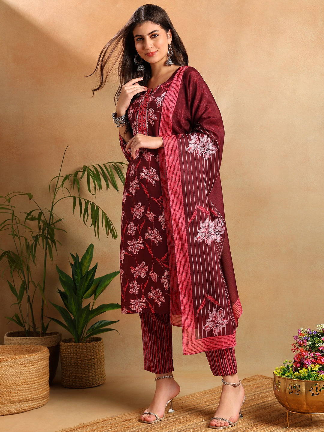 Maroon-Rayon-Floral-Print-Straight-3-Piece-Kurta-Set