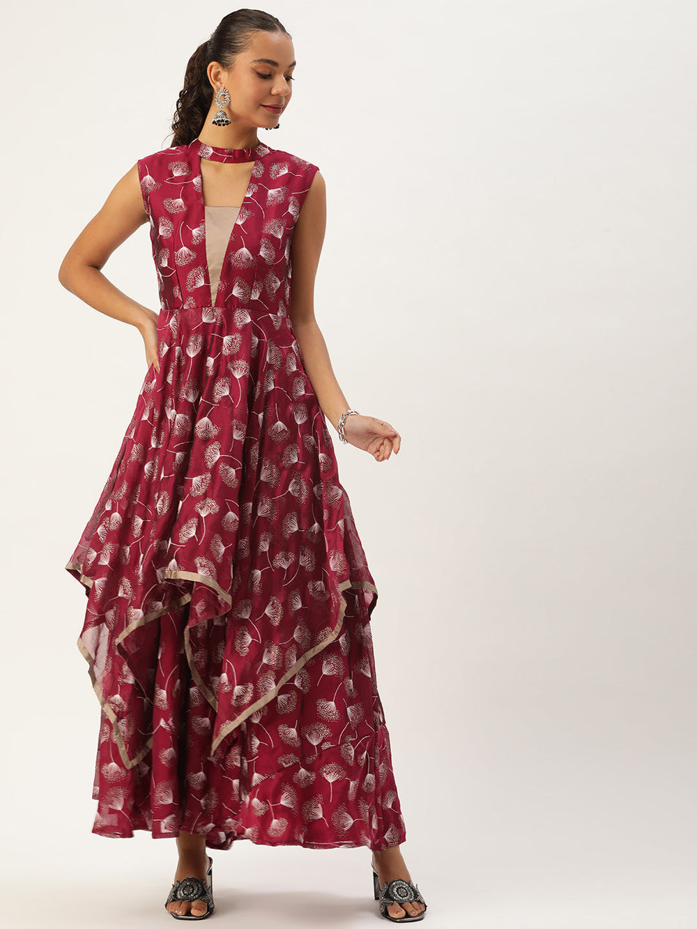 Maroon-Satin-Blend-Foil-Handkerchief-Style-Printed-Dress