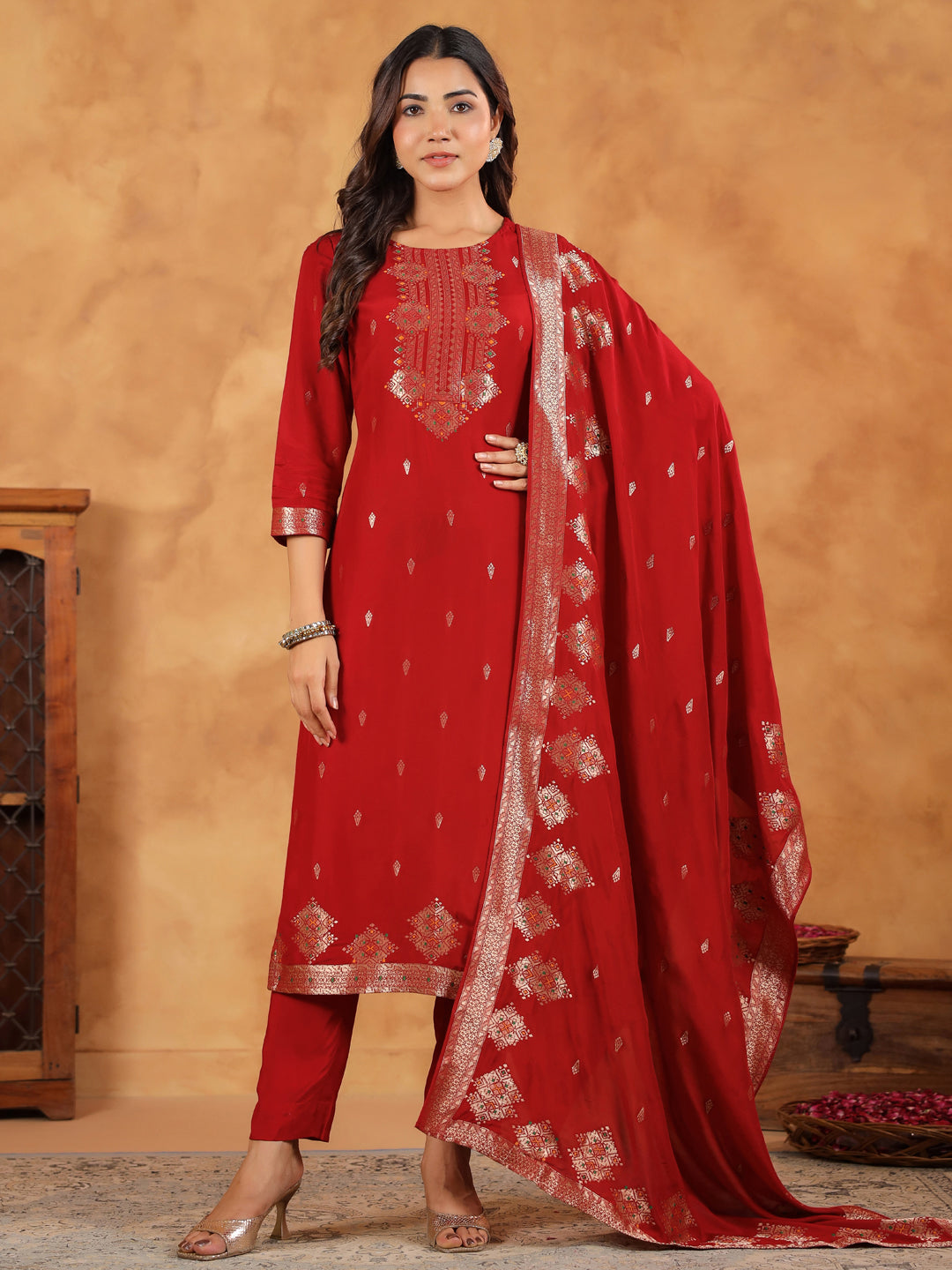 Maroon Silk Blend Jacquard Straight Kurta Set